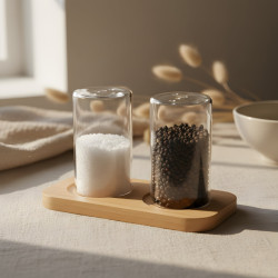 Glass Salt & Pepper Shaker Set 2 Pcs with Wooden Base